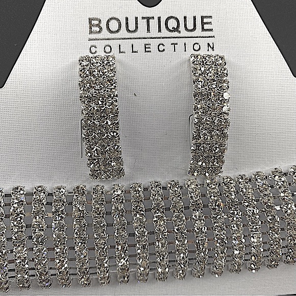 Set of Earrings & Choker Sparkly Rhinestones Necklaces •10 Rows. - Picture 2 of 6